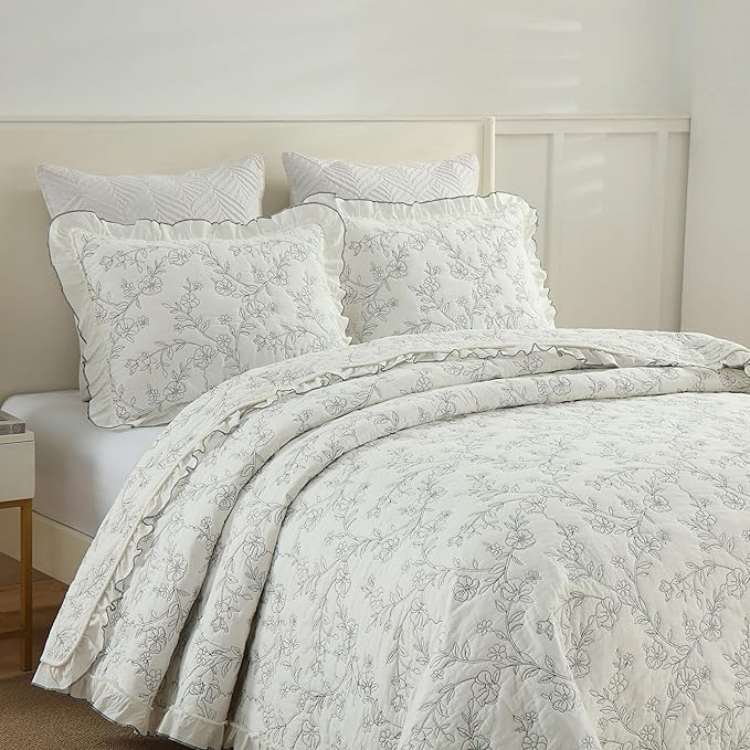 MarCielo 3-Piece 100% Cotton Bedspread Lightweight Quilt Coverlet Embroidery Farmhouse Bedding Set (Floral,Queen (98" X 90"))