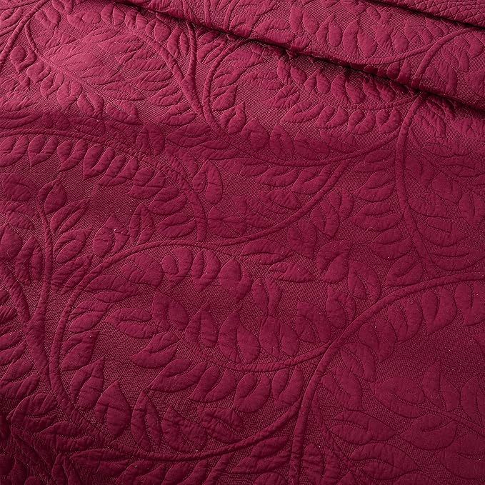 MarCielo 3-Piece 100% Cotton Oversized Bedspread Lightweight Quilt Coverlet Embroidery Farmhouse Bedding Set T0 (Wine Burgundy, Oversized Queen (100"x106"))