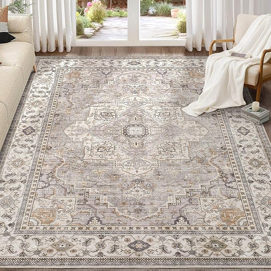 Washable Area Rugs for Living Room - 9x12 Neutral Vintage Distressed Floral Farmhouse Boho Large Soft Floor Rug Indoor Non Slip Carpet for Bedroom Dining Room Office - Grey Brown