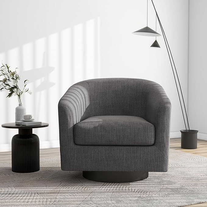 Swivel Barrel Accent Chair, Modern Round Linen Arm Chair for Living Room, Bedroom, Comfy Club Reading Chairs for Adults（Linen Fabric, Grey, Set of 4