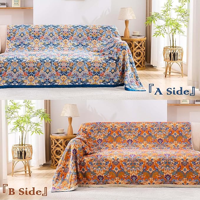 Boho Throw Blanket for Bed, 100% Cotton Soft Rustic Quilt Fall Blanket, 60"x80" Floral Printed Farmhouse Decor Bed Blankets, All Season Rustic Reversible Bohemian Throw Quilt