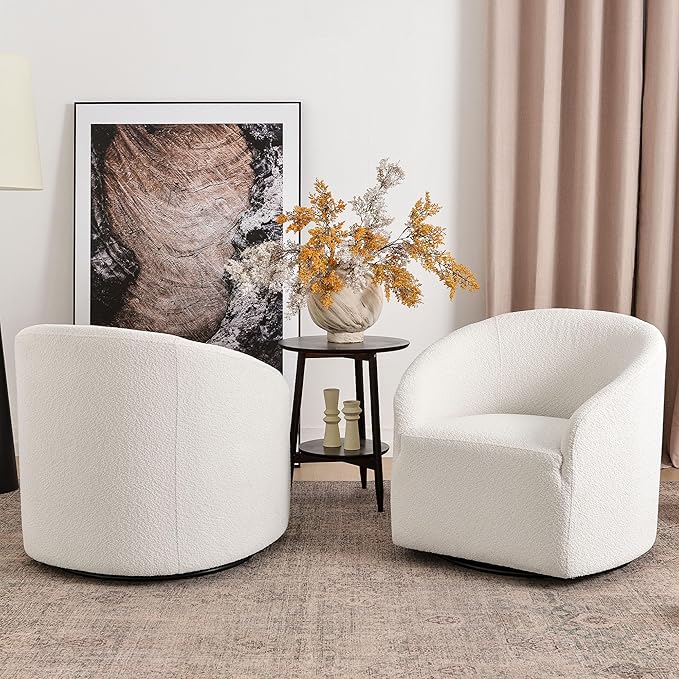 KINWELL 32" Wide Modern Boucle Swivel Barrel Chairs Set of 2, No Assembly Round Upholstered Swivel Accent Armchairs for Living Room, Bedroom (White)