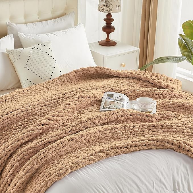 Carriediosa Chunky Knit Throw Blanket 50" X 60", 100% Hand Made Large Chenille Loop Yarn Soft Fluffy Throws for Couch Sofa Bed, Big Crochet Cozy Heavy Thick Cable Woven Blankets, Tan Brown