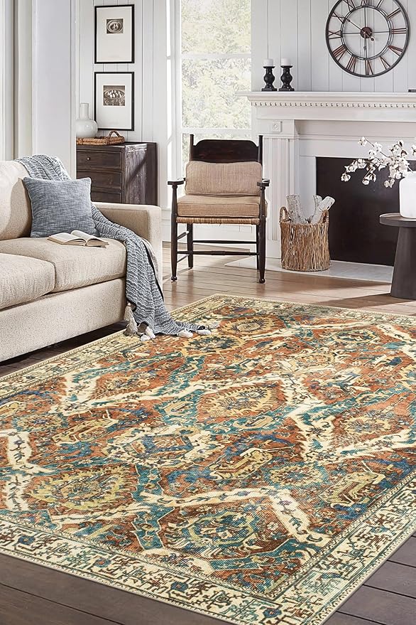 Keen Home Design 6x9 Rug - Machine Washable Area Rug with Non-Slip Backing, Ideal for Living Room, Dining Room, Bedroom - Vintage, Easy Clean, Durable, Low Pile Rug - (6' x 9')