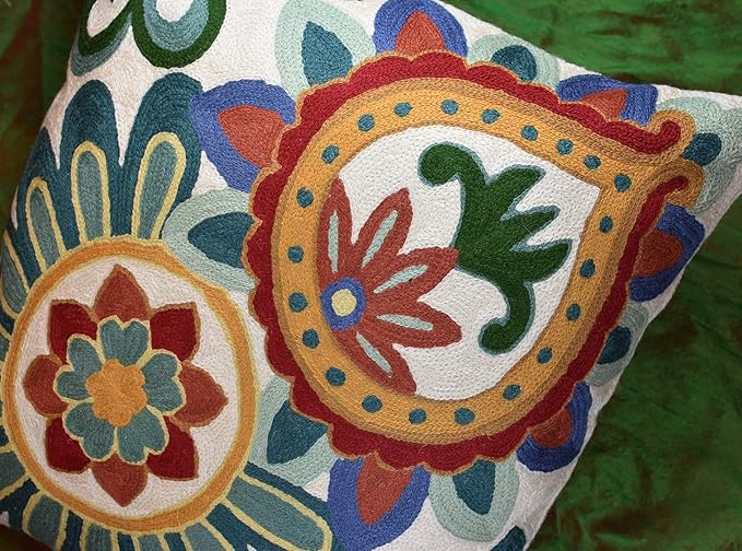 Daisy Floral Pillow Cover Teal Flower Pillowcase Flowery Outdoor Cushion Suzani Accent Pillowsham Flower Floral Chair Cushion Hand Embroidered Cushions Wool Size 18x18