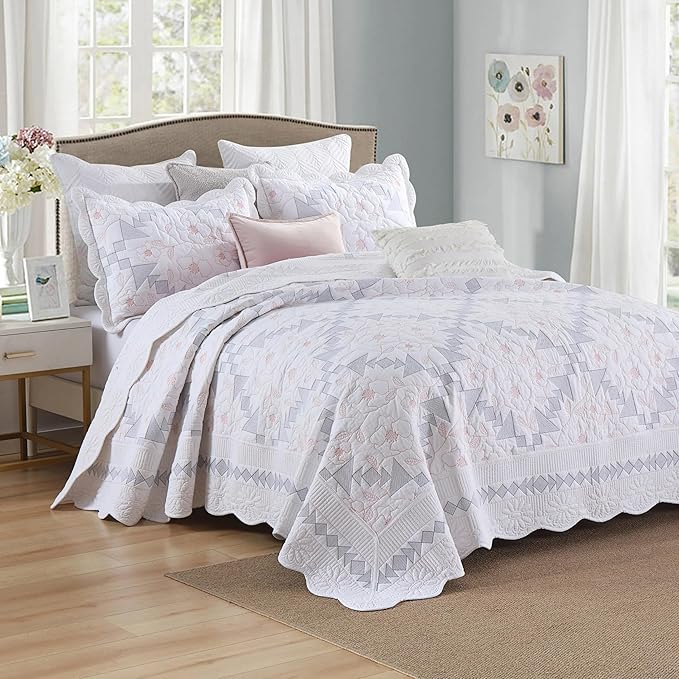 MarCielo 3-Piece 100% Cotton Oversized Bedspread Lightweight Quilt Coverlet Embroidery Farmhouse Bedding Set (TC Colorful White, Oversized King (118"x106"))