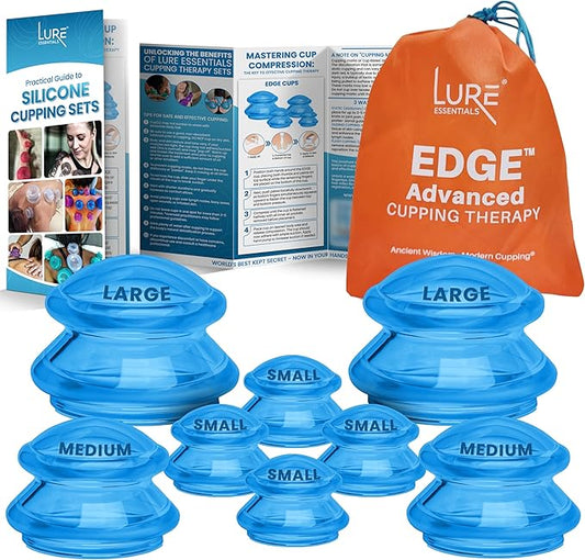 Lure Essentials Edge Silicone Cupping Set, Cupping Kit for Massage Therapy, Long Lasting Cups for Professional & Home Use, Body Sculpt Cup for Cellulite, Ultra Transparent Blue (8 Count)
