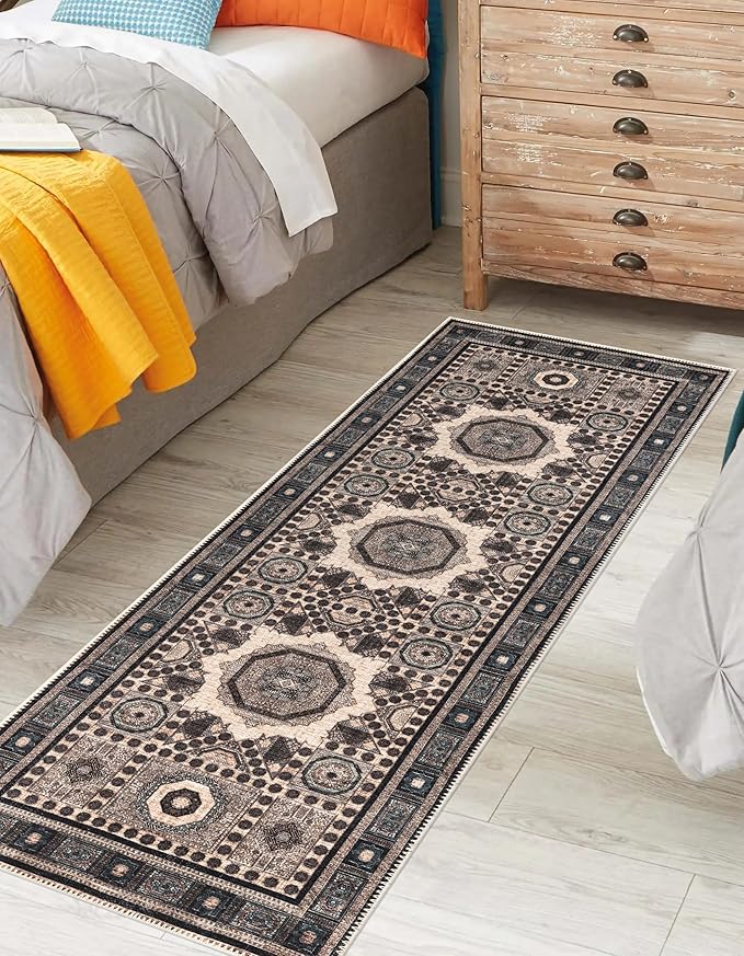 Keen Home Design 2x10 Rug - Machine Washable Runner Rug with Non-Slip Backing, Ideal for Hallway, Entryway, Kitchen, Laundry Room - Vintage, Easy Clean, Durable, Low Pile - (2'6" x 10')