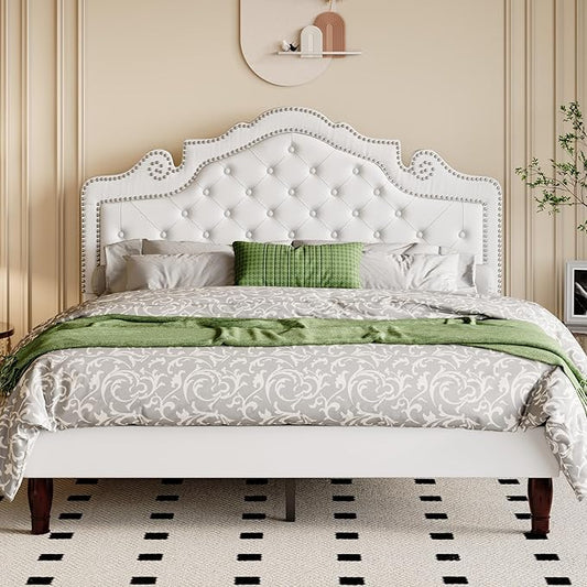 Allewie Queen Bed Frame with Adjustable Velvet Tiara Headboard, Upholstered Diamond Button Tufted Platform Bed, Wood Slats Support, No Box Spring Needed, Mattress Foundation, Easy Assembly, White
