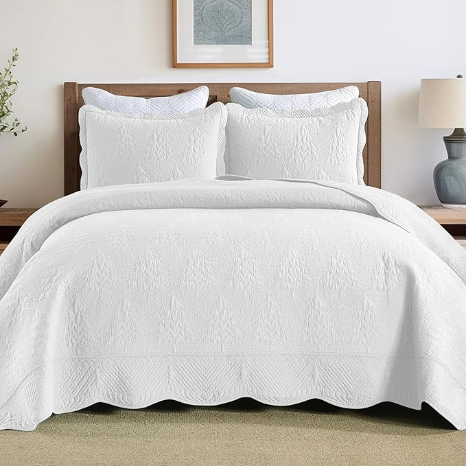 MarCielo 3-Piece Christmas Quilt 100% Cotton Oversized Bedspread Lightweight Coverlet Embroidery Christmas Tree Pattern Bedding Set (TC Bright White, Oversized Queen (100"x106"))