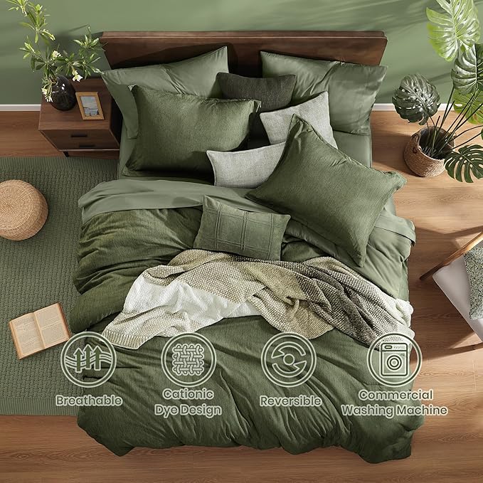 Monbix Queen Comforter Set - 7 Pieces Cationic Dyeing Olive Green Bed in a Bag Queen Bedding Sets with Comforter, Sheets, Pillowcases & Shams, Reversible Bedding Comforters Sets