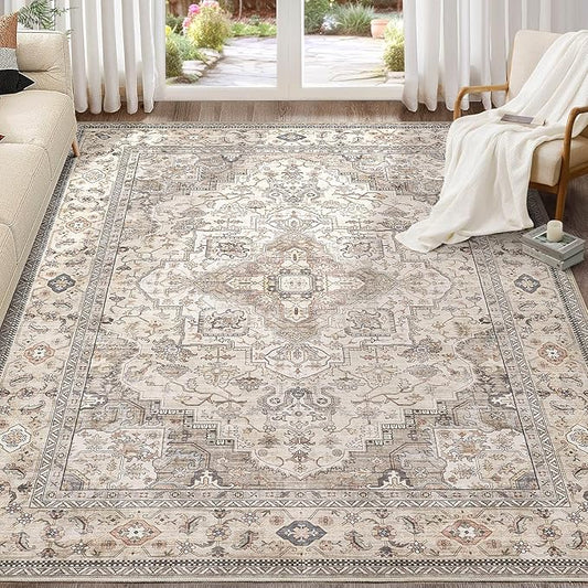 Washable Area Rugs for Living Room - 9x12 Neutral Vintage Distressed Floral Farmhouse Boho Large Soft Floor Rug Indoor Non Slip Carpet for Bedroom Dining Room Office - Brown/Multi