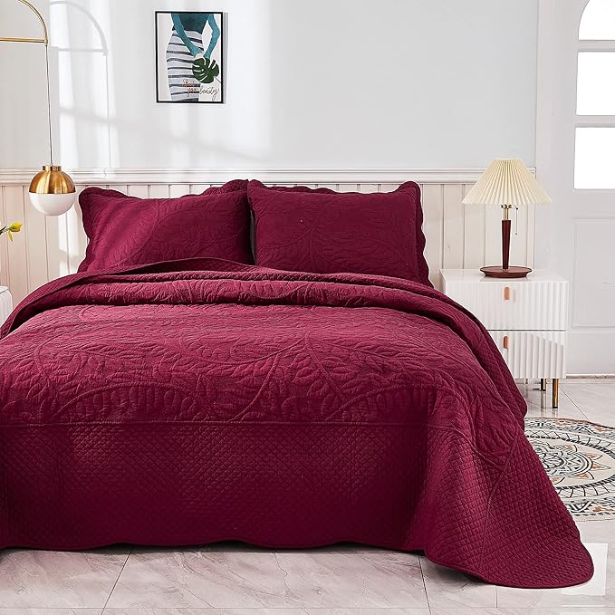 MarCielo 3-Piece 100% Cotton Oversized Bedspread Lightweight Quilt Coverlet Embroidery Farmhouse Bedding Set T0 (Wine Burgundy, Oversized King (118"x106"))