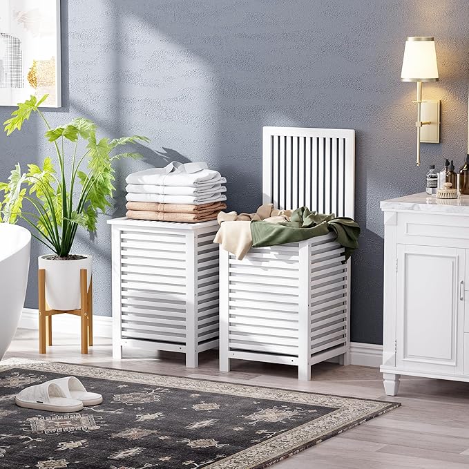 SMIBUY Double Laundry Hamper with Lid, 120L Bamboo Laundry Basket with Removable Liner Bag, 2-Section Clothes Divider Laundry Sorter for Laundry Room, Bathroom, Bedroom (White)