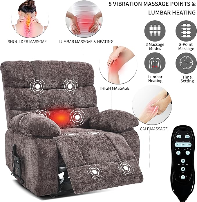 Lay Flat Recliner with Vibration Massage and Lumbar Heating, 26" Wide Recliner with Infinite Position and 2 Remote Controls, Soft Chenille Lift Chair for Living Room, Chocolate