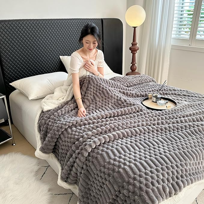 UKELER Sherpa Throw Blanket 60 × 80 inch, 470 GSM Striped Sherpa Fleece Blanket for All Season, Warm and Cozy Blankets for Couch Sofa Bed Office Camping, Dark Grey