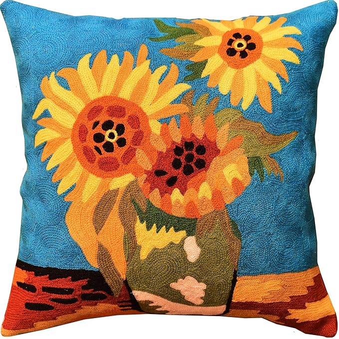 Turquoise Van Gogh Sunflower Pillow Cover Teal Floral Sofa Pillowcase Flower Chair Cushion Accent Throw Flowery Outdoor Pillows Farmhouse Couch Handmade Wool Size 18x18