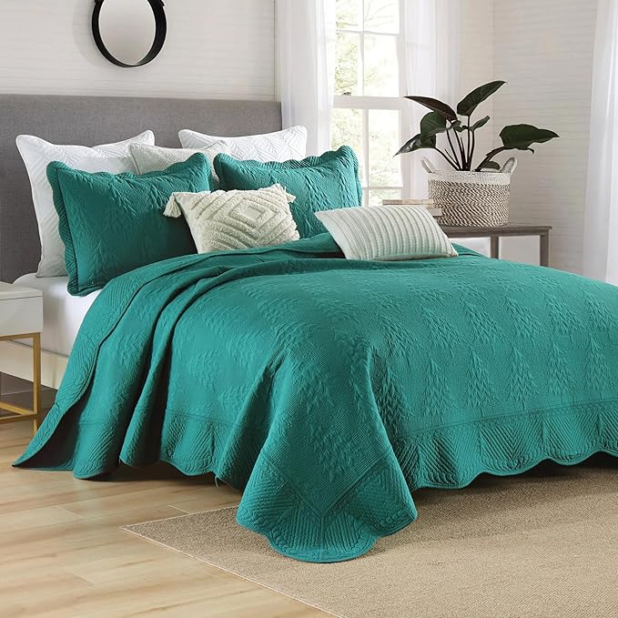 MarCielo 3-Piece Christmas Quilt 100% Cotton Oversized Bedspread Lightweight Coverlet Embroidery Christmas Tree Pattern Bedding Set(TC Emerald, Oversized King (118"x106"))