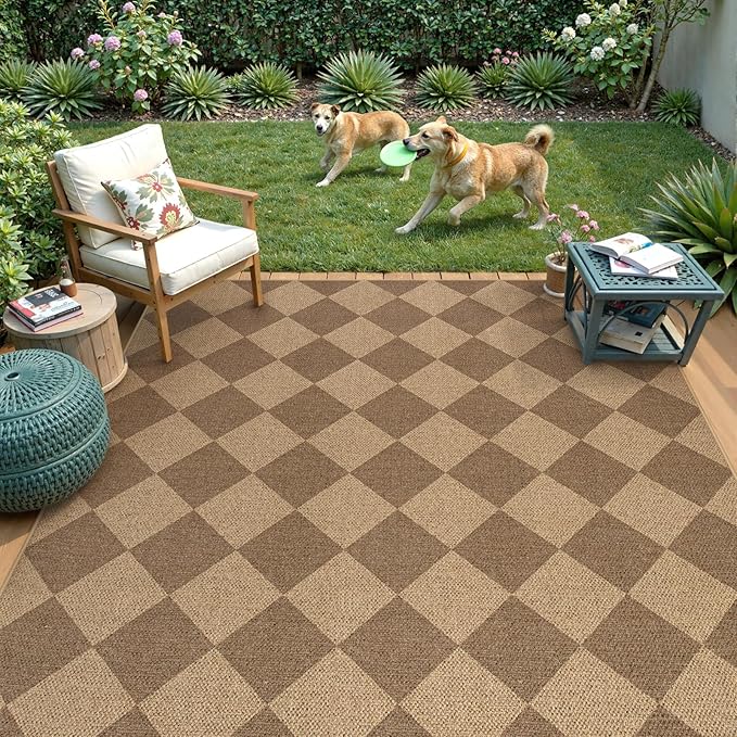 Lahome Checkered Easy Jute Indoor Outdoor Rug, 5x7 Area Rugs for Living Room Nature Large Dining Room Carpet, Washable Non Slip Indoor Outdoor Carpet for Home Office Bedroom Backyard Patio