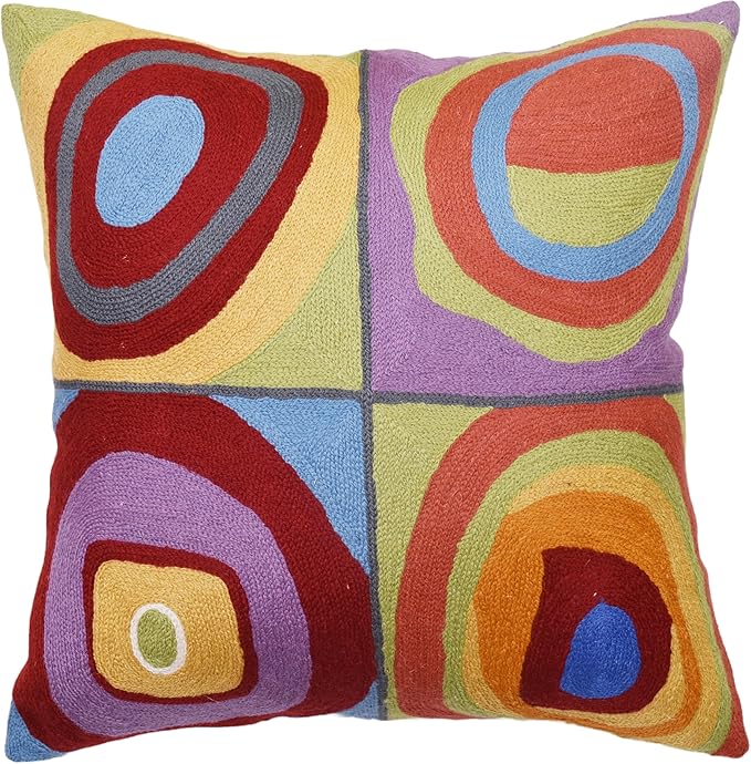 Kandinsky Modern Pillow Cover - Quadrate II | Mid Century Chair Cushions | Abstract Pillows | Contemporary Pillowcase | Modern Accent Pillows | Hand Embroidered Cushion | Wool Size 18x18