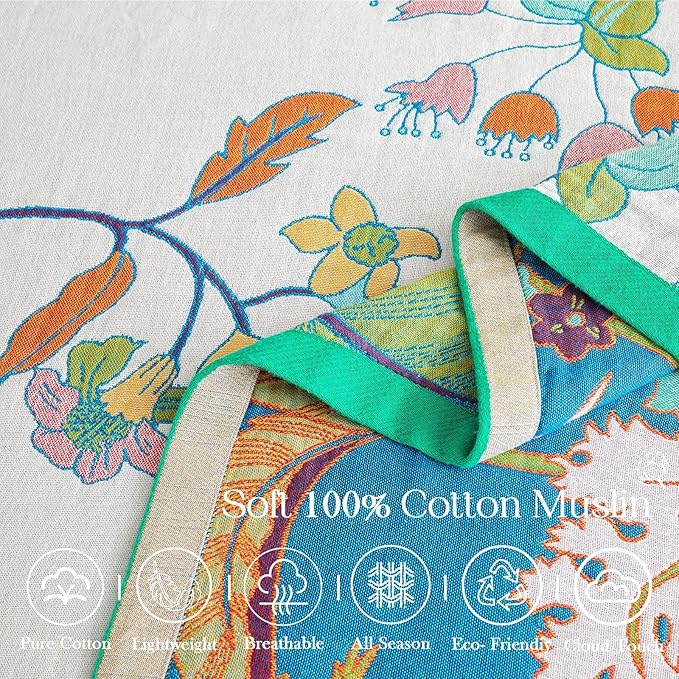 Summer Throw Blanket, 80"x90" Reversible Bohemian Flower Blanket, 100% Cotton Muslin Breathable Woven, Farmhouse Decorative Throw Blanket