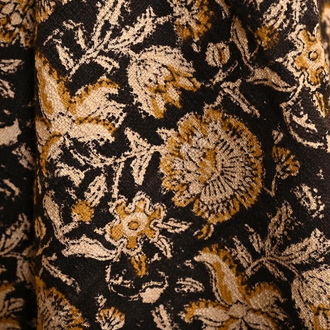 Bohemian Floral Cotton Throw Blanket with Tassels | 48x70 Inch Handblock Printed Sofa Throw | Black & Gold Decorative Bed Cover | Lightweight Couch Throw for Living Room & Bedroom