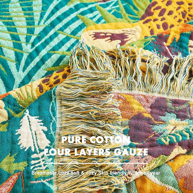 MSGKV Throw Blanket for Couch Bed Cotton Muslin Breathable Leopard Animals Twin Size Blanket 60"x80" for All Seasons Lightweight Farmhouse Blankets