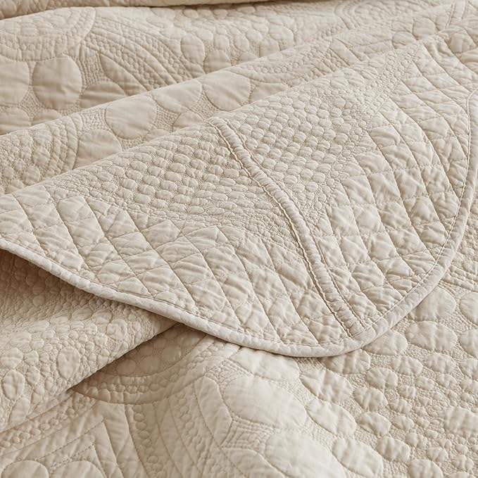MarCielo 3-Piece 100% Cotton Oversized Bedspread Lightweight Quilt Coverlet Embroidery Farmhouse Bedding (Tf Khaki Beige, Oversized King (118"x106"))