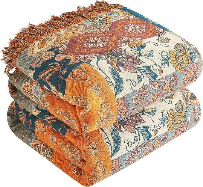 Boho Throw Blanket for Bed 80”x90”, 100% Cotton Woven Blanket for Couch Sofa, Ultra Soft 4-Layer Muslin Quilt with Patchwork Floral Printed, Farmhouse Bed Blanket/Cover for Living Room Decor