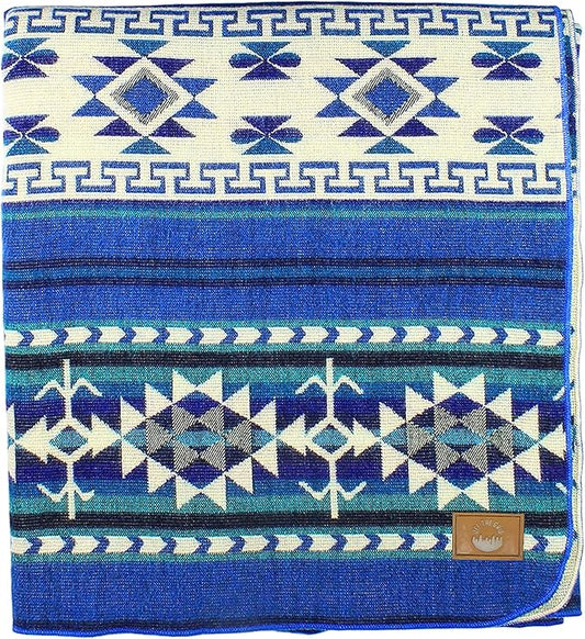 Inca Aztec Throw, Queen, King Blanket | Southwest Indian Navajo Boho Style | Native Cover for Camping, Bedding, Couch, Vanlife | Faux Alpaca, Lightweight, Hypoallergenic (Kocha Blue, Throw)
