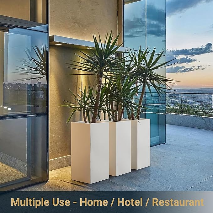 Metallic Heavy Tall Outdoor/Indoor Planter Box, Seamless Metal Planter, Rectangular, 14”Lx14”Wx30”H, ‎25 Pounds Each, Pure White, No Assembly and Seamless, Set of 2