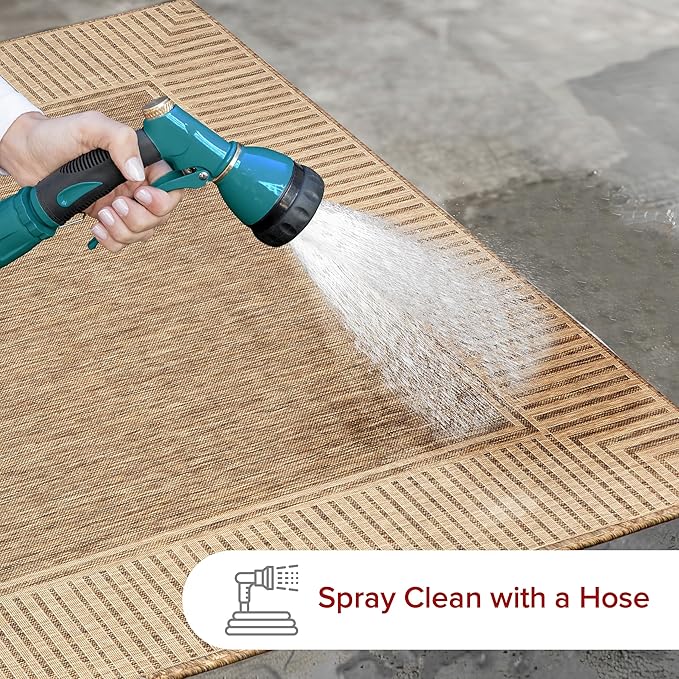 nuLOOM 3'6" x 5' Outdoor Area Rug, Casual Design With Striped Border, Stain Resistant, Highly Durable, For Patio, Balcony, Bedroom, Living Room, Dining Room, Bathroom, Light Brown