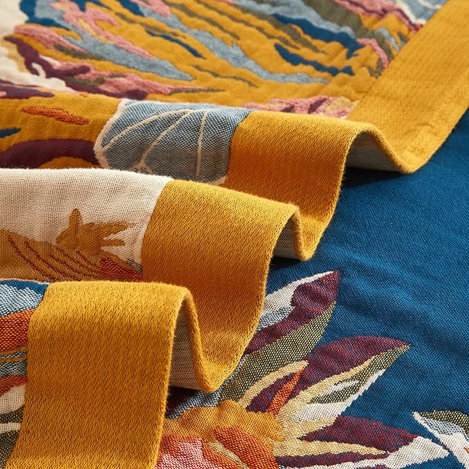 Boho Throw Blanket for Bed 90”x98”, 100% Cotton Woven Blanket for Couch Sofa, Ultra Soft 4-Layer Muslin Quilt with Vintage Floral Printed, Farmhouse Bed Blanket/Cover for Living Room Decor