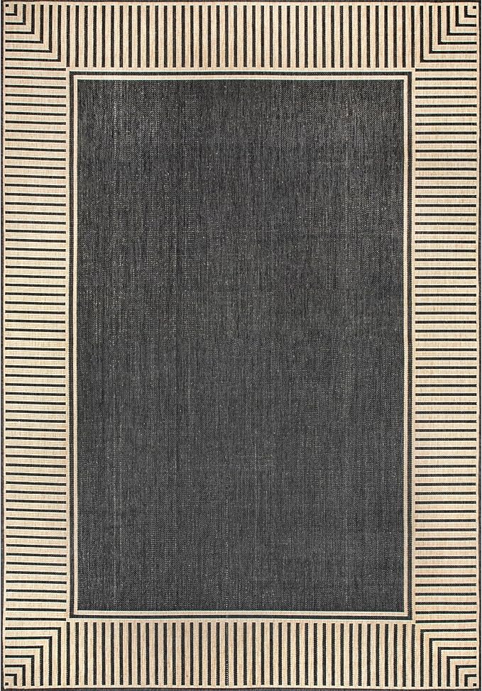 nuLOOM 6' 7" x 9' Outdoor Area Rug, Casual Design With Striped Border, Stain Resistant, Highly Durable, For Patio, Balcony, Bedroom, Living Room, Dining Room, Bathroom, Dark Grey