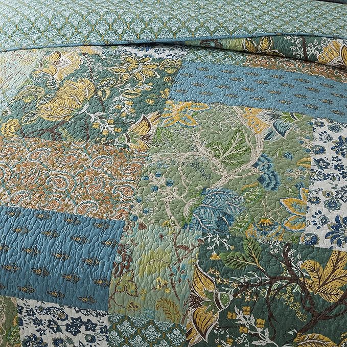 NEWLAKE Cotton Patchwork Bedspread, 3-Piece Bedding Quilt Set with Real Stitched Embroidery, Reversible Matelasse Bed Coverlet Set,Green Farmhouse Garden,Twin Size