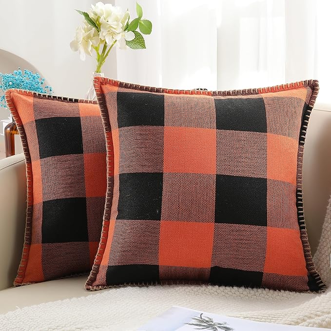 decorUhome Fall Orange and Black Decorative Throw Pillow Covers 18x18 Set of 2, Buffalo Plaid Check Farmhouse Cushion Covers with Stitched Edge for Autumn Harvest Couch Sofa Bed Home Decor