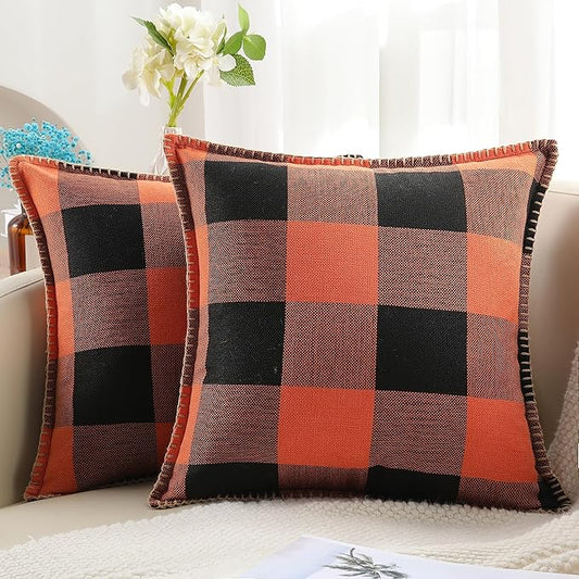 decorUhome Fall Orange and Black Decorative Throw Pillow Covers 16x16 Set of 2, Buffalo Plaid Check Farmhouse Cushion Covers with Stitched Edge for Autumn Harvest Couch Sofa Bed Home Decor