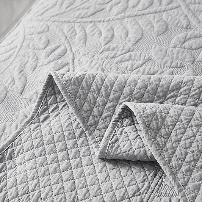 MarCielo 3-Piece 100% Cotton Oversized Bedspread Lightweight Quilt Coverlet Embroidery Farmhouse Bedding Set T0 (Light Grey, Twin (68"x86"))