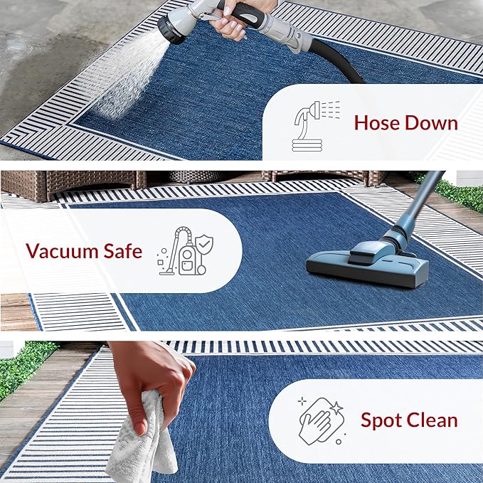 nuLOOM 2' x 8' Outdoor Area Rug, Casual Design With Striped Border, Stain Resistant, Highly Durable, For Patio, Balcony, Bedroom, Living Room, Dining Room, Bathroom, Navy