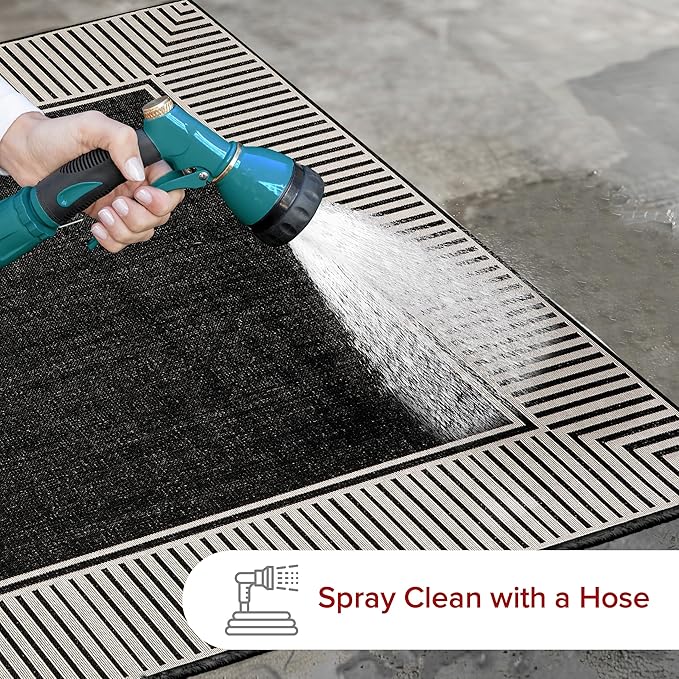 nuLOOM 4' x 6' Outdoor Area Rug, Casual Design With Striped Border, Stain Resistant, Highly Durable, For Patio, Balcony, Bedroom, Living Room, Dining Room, Bathroom, Black