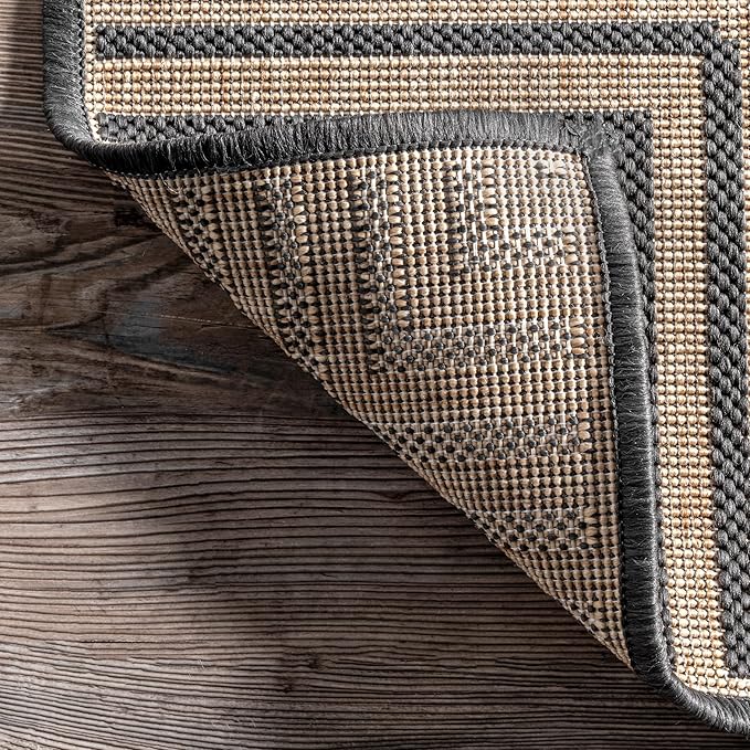 nuLOOM 8' x 10' Outdoor Area Rug, Casual Design With Striped Border, Stain Resistant, Highly Durable, For Patio, Balcony, Bedroom, Living Room, Dining Room, Bathroom, Dark Grey