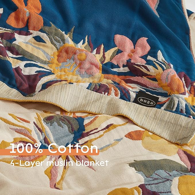 Boho Throw Blanket for Bed 90”x98”, 100% Cotton Woven Blanket for Couch Sofa, Ultra Soft 4-Layer Muslin Quilt with Vintage Floral Printed, Farmhouse Bed Blanket/Cover for Living Room Decor