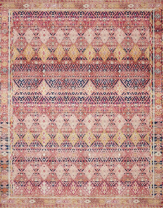 Loloi Layla Collection LAY-15 Magenta/Multi 2'-6" x 9'-6" .13" Thick Runner Rug, Soft, Durable, Vintage Inspired, Distressed, Low Pile, Non-Shedding, Easy Clean, Printed, Living Room Rug