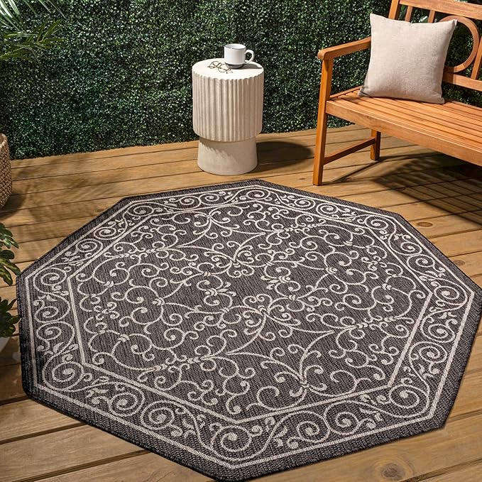 JONATHAN Y Vintage Filigree Indoor Outdoor Octagon Area Rug 5 Ft Black/Gray, Charleston Textured Weave for Backyard, Patio, Porch, Easy-Cleaning, High Traffic, Pet-Friendly, Non-Shedding SMB106G-5TGN