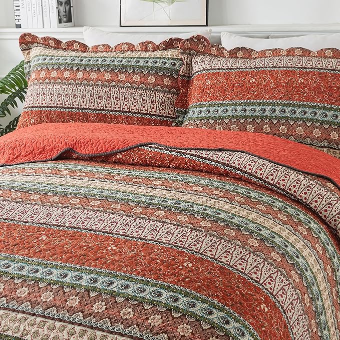 NEWLAKE Cotton Bedspread Quilt Sets - Reversible Patchwork Coverlet Set, Red Striped Jacquard Pattern, Oversized King Size