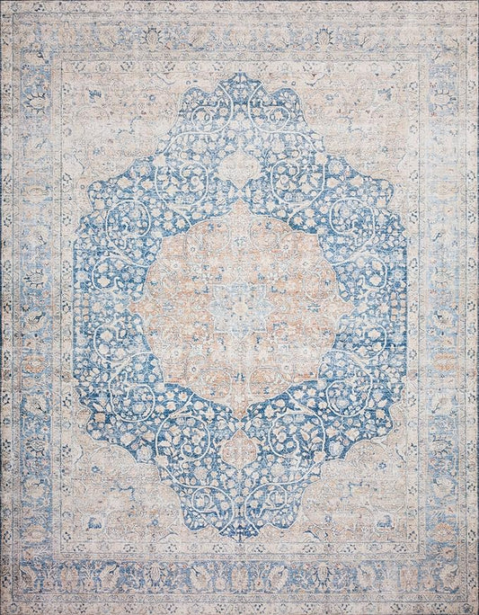 Loloi Layla Collection LAY-07 Blue/Tangerine 3'-6" x 5'-6" .13" Thick Accent Rug, Soft, Durable, Vintage Inspired, Distressed, Low Pile, Non-Shedding, Easy Clean, Printed, Living Room Rug