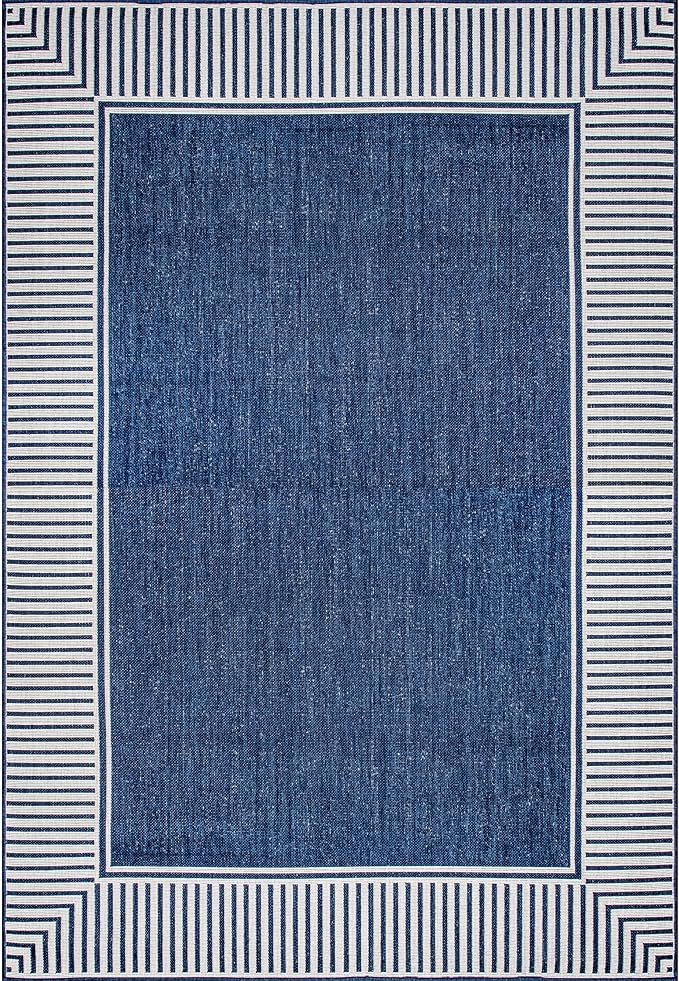 nuLOOM 6' 7" x 9' Outdoor Area Rug, Casual Design With Striped Border, Stain Resistant, Highly Durable, For Patio, Balcony, Bedroom, Living Room, Dining Room, Bathroom, Navy