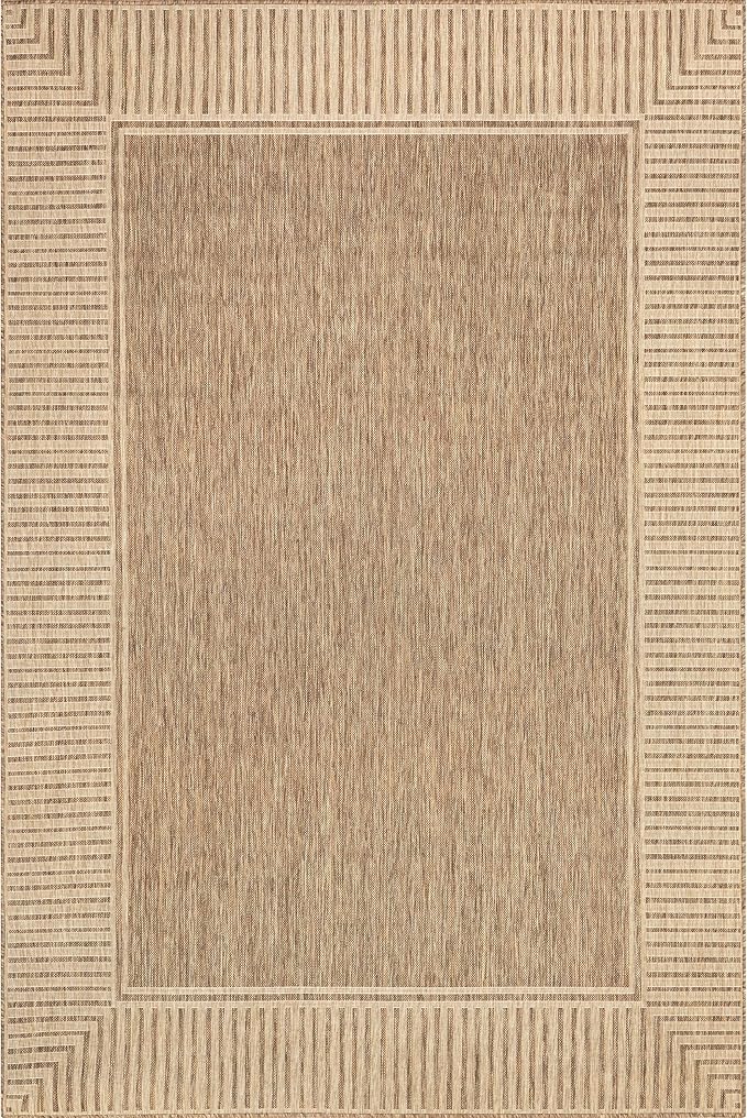 nuLOOM 3'6" x 5' Outdoor Area Rug, Casual Design With Striped Border, Stain Resistant, Highly Durable, For Patio, Balcony, Bedroom, Living Room, Dining Room, Bathroom, Light Brown