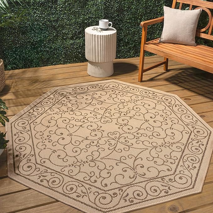 JONATHAN Y Vintage Filigree Indoor Outdoor Octagon Area Rug 8 Ft Beige/Brown, Charleston Textured Weave for Backyard, Patio, Porch, Easy-Cleaning, High Traffic, Pet-Friendly Non-Shedding SMB106A-8TGN