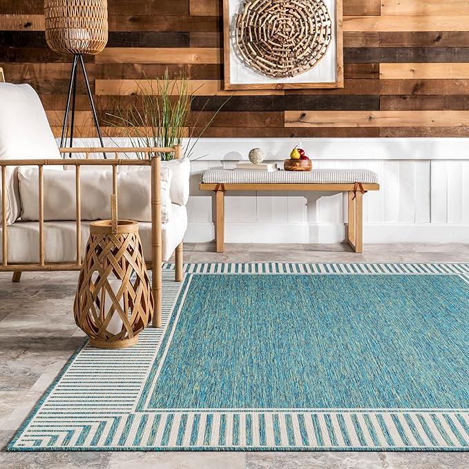 nuLOOM 9'6" x 12' Outdoor Area Rug, Casual Design With Striped Border, Stain Resistant, Highly Durable, For Patio, Balcony, Bedroom, Living Room, Dining Room, Bathroom, Teal